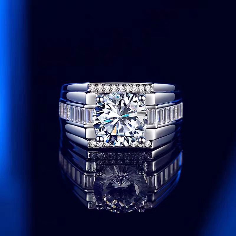 925银莫桑石戒指 【T字磨砂】时尚男士戒指3克拉大气款式莫桑石