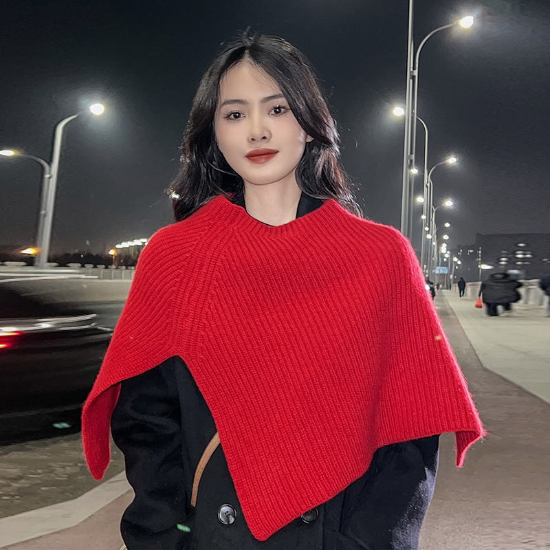 2024款16支纯毛  五针加厚元宝针圆领披肩女时尚百搭外穿女款潮