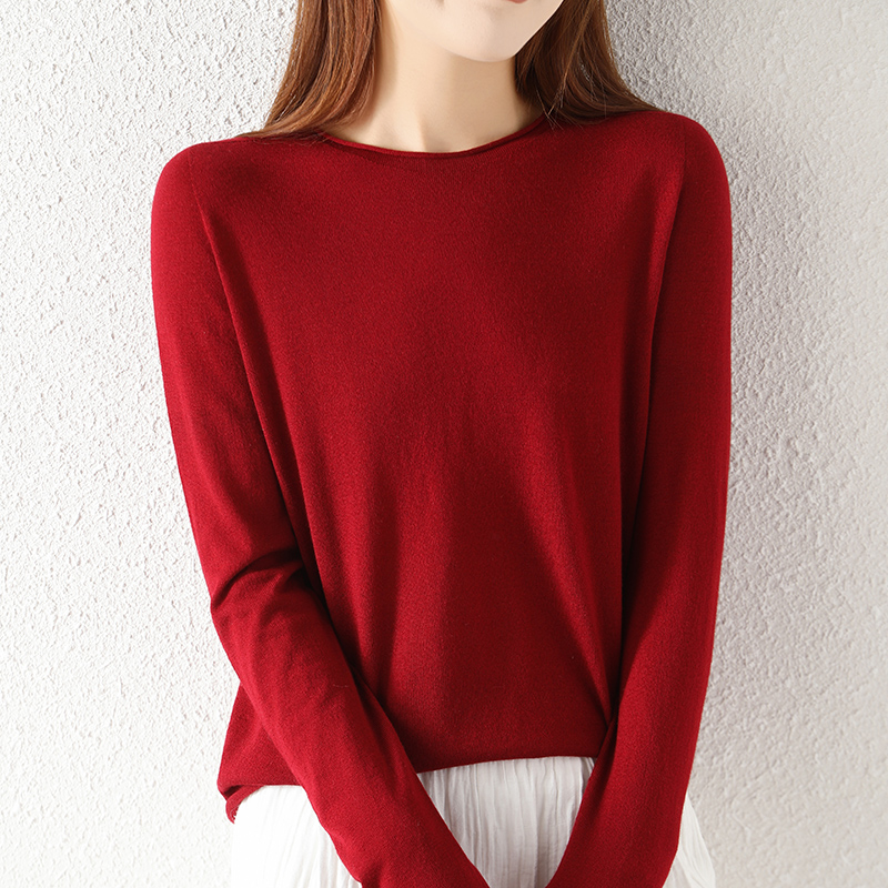 新款简约卷边圆领精纺羊毛一线成衣针织打底衫女士宽松洋气百搭