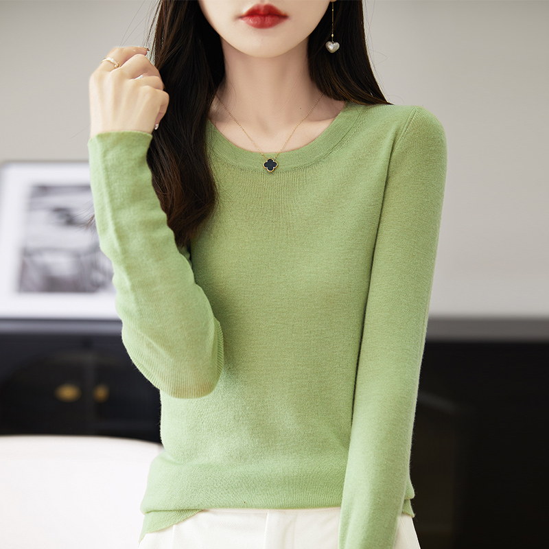 2024新款纯色长袖针织衫女圆领套头显瘦毛衣时尚百搭打底羊毛衫