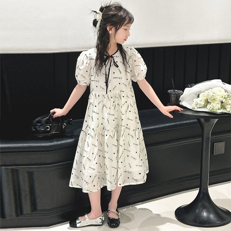 女童夏装2024新款洋气儿童女孩韩系大童夏季短袖公主碎花连衣裙子