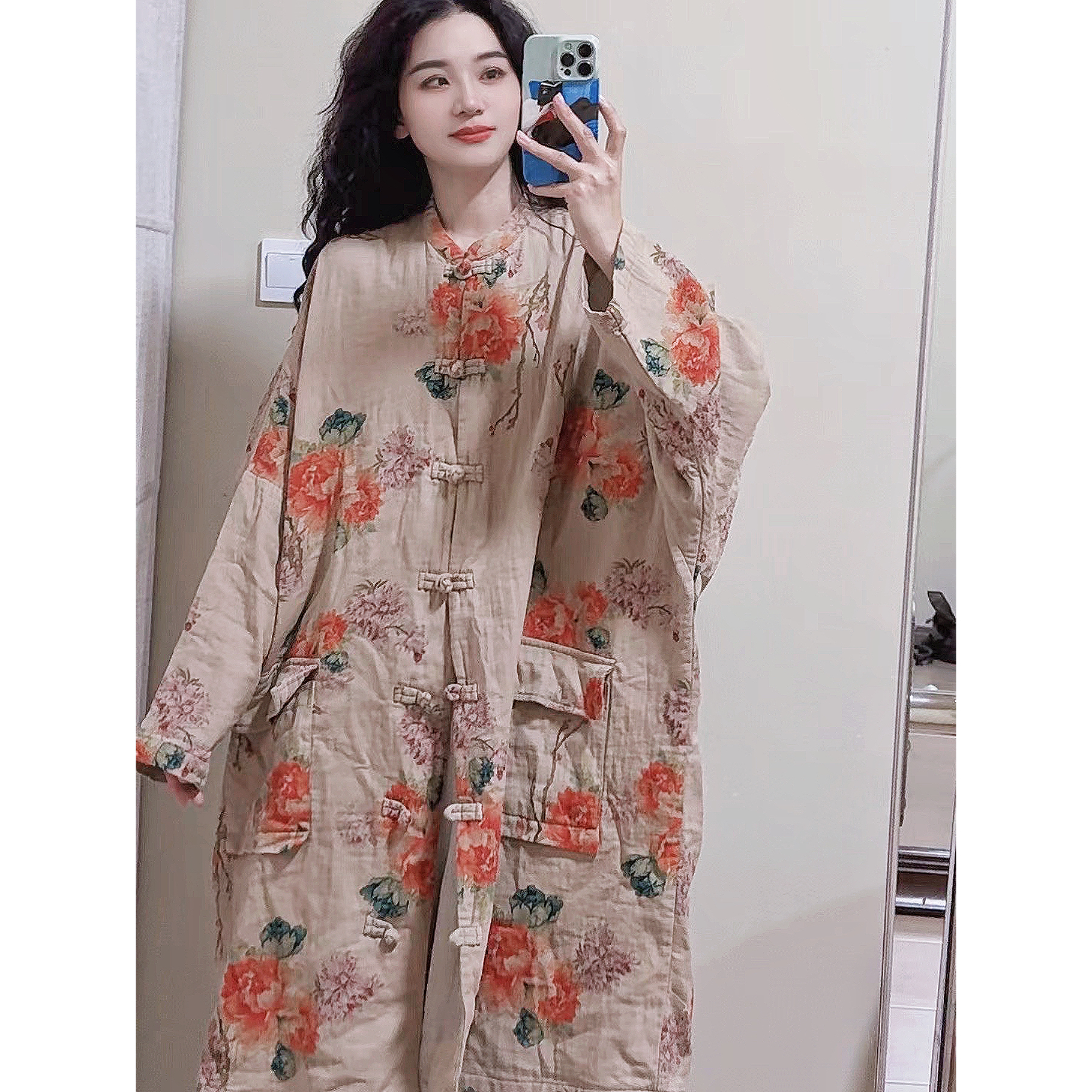 秋冬新款亚麻中长款外套新中式盘扣文艺复古印花袍子禅意大码开衫