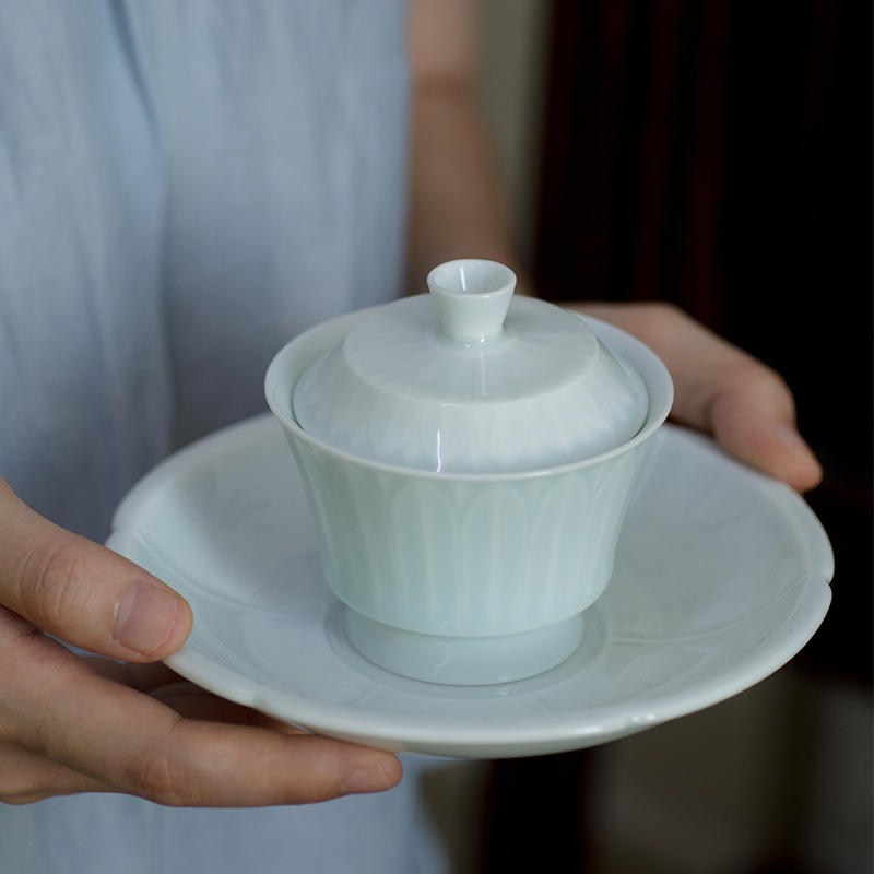 影青瓷三才盖碗薄胎陶瓷功夫茶具湖田窑单个家用茶杯壶承托盘茶碗