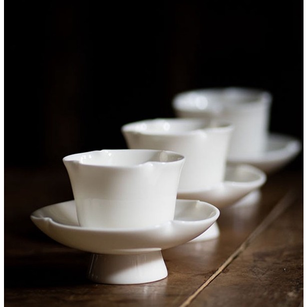 宋式茶盏茶杯品茗杯海棠带托白瓷宋代点茶功夫茶具套杯杯托主人杯