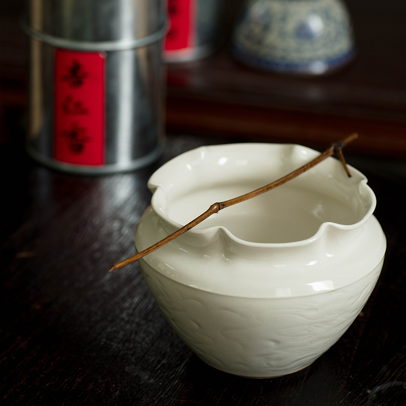 宋代美学建水水盂草木灰釉浮雕家用陶瓷中式茶渣废缸桶废水茶渣缸