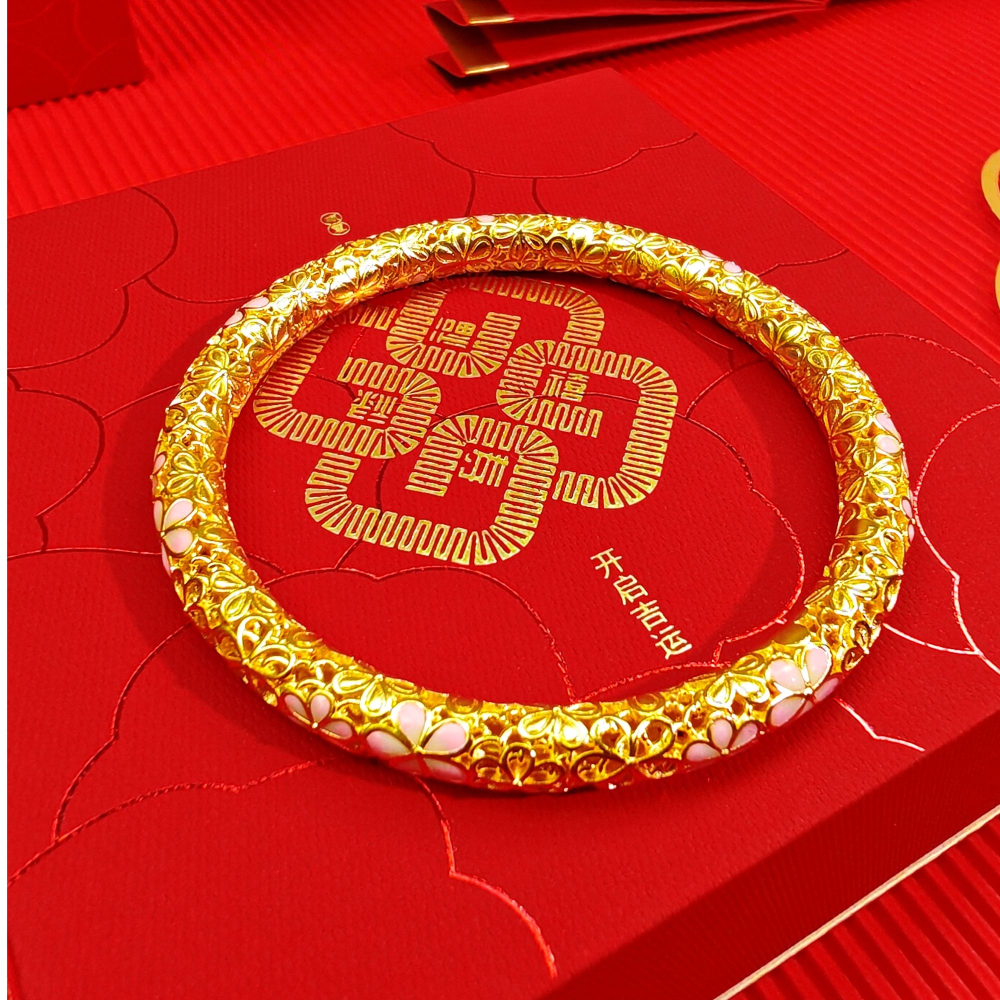 足银手镯 58圈口镂空樱花手镯时尚精致气质轻不掉色精美包金工艺