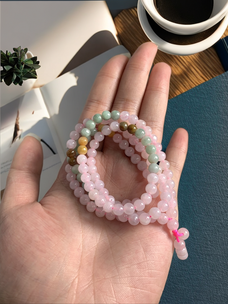 玉如军意缅甸翡翠A货时尚三彩珠链紫色彩虹镶嵌渐变清新精美冰透