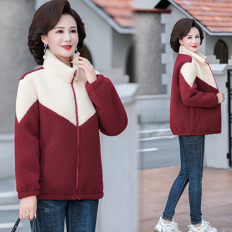 【伊人】妈妈装2024秋冬季新款撞色拼接颗粒绒加绒立领保暖休闲外套