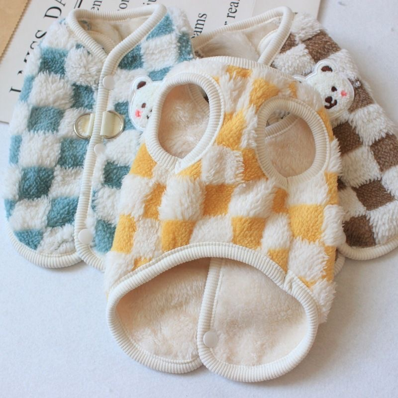 秋冬季宠物衣服可爱猫咪狗狗泰迪比熊约克夏棋盘格两脚加厚绒背心