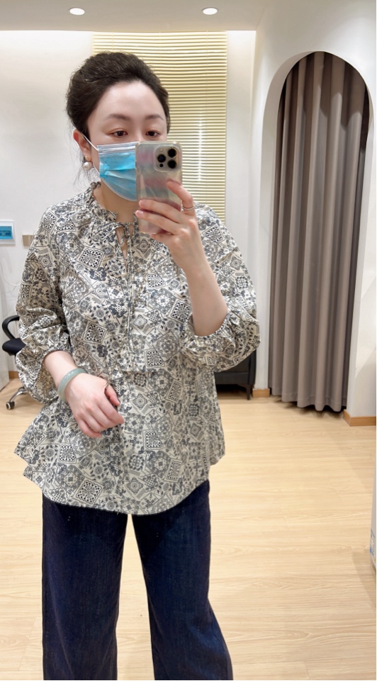 全棉文艺碎花7分袖衬衫