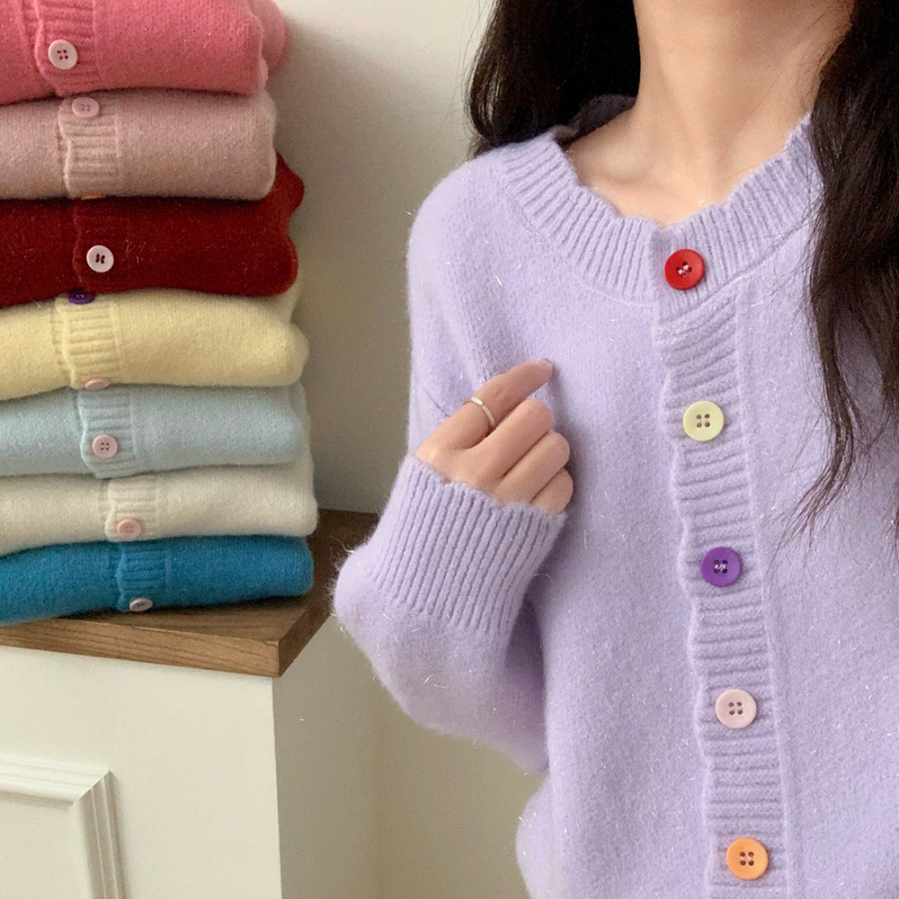 苏醒的乐园彩色扣波浪边加厚宽松圆领针织开衫SXMY32818百搭显瘦