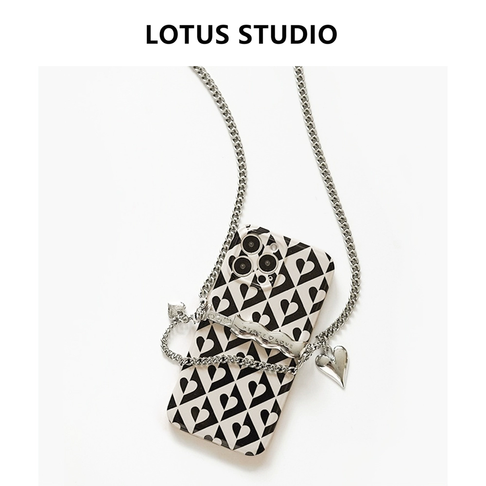 创意黑白爱心金属波浪手机夹背带链条，iPhone系列个性时尚手机壳