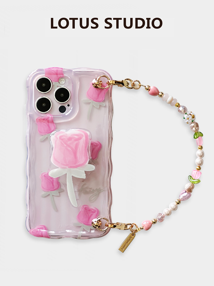 创意夏清透淡粉玫瑰支架可爱防摔适用于苹果系列珍珠手链手机壳