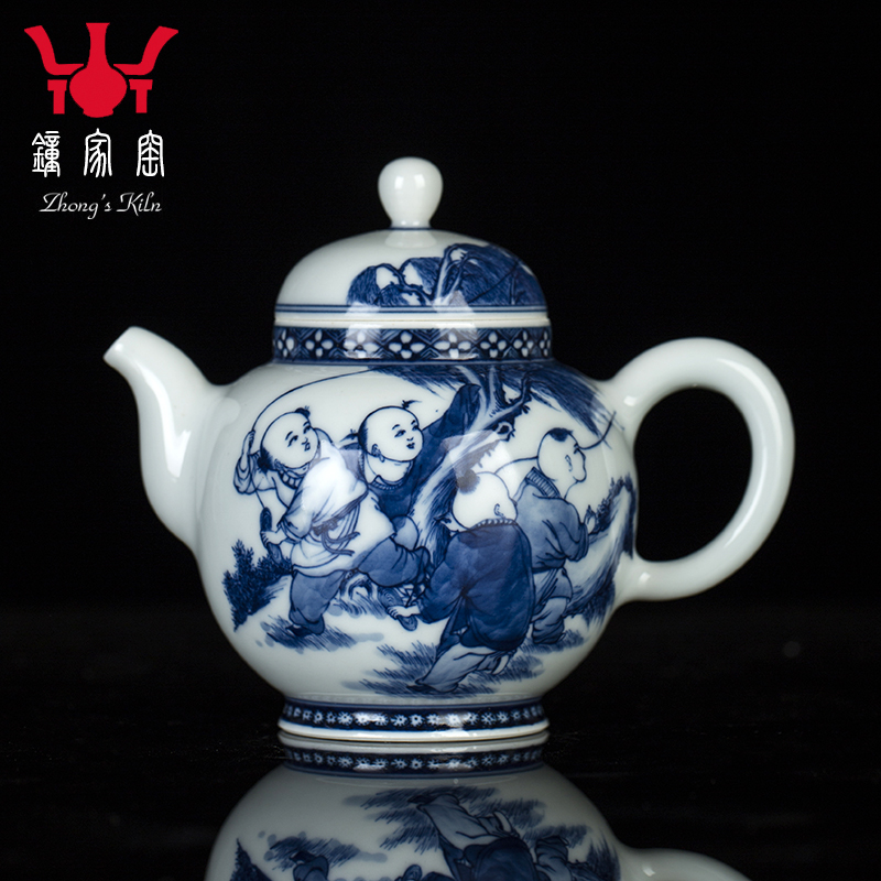 钟家窑茶壶单壶景德镇手绘青花柴窑童子茶壶大号大容量家用泡茶壶