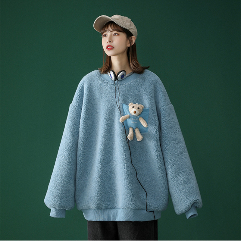 BK51-H区情侣港风宽松版百搭加厚慵懒风设计感颗粒绒小熊套头卫衣