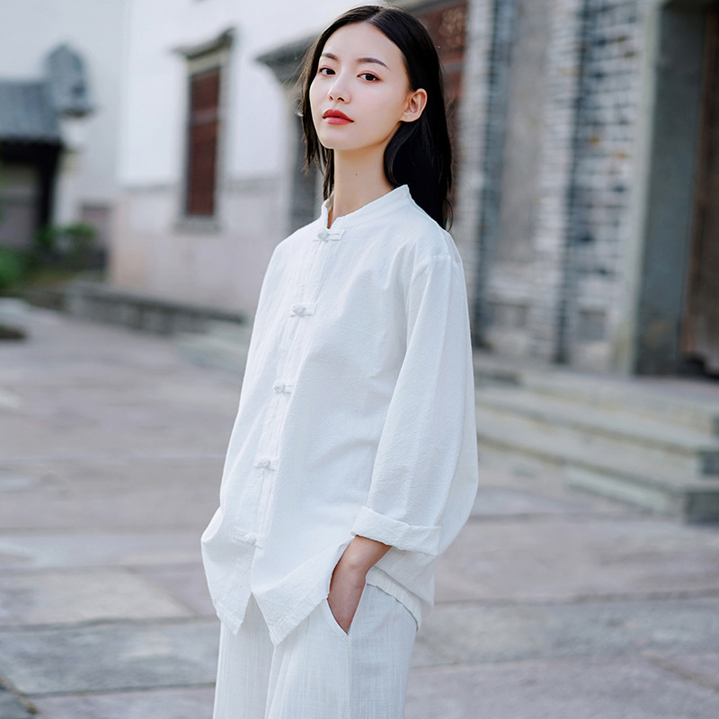 中式国风复古盘扣棉麻衬衫茶服女禅意打坐练功太极服上衣套装裤子