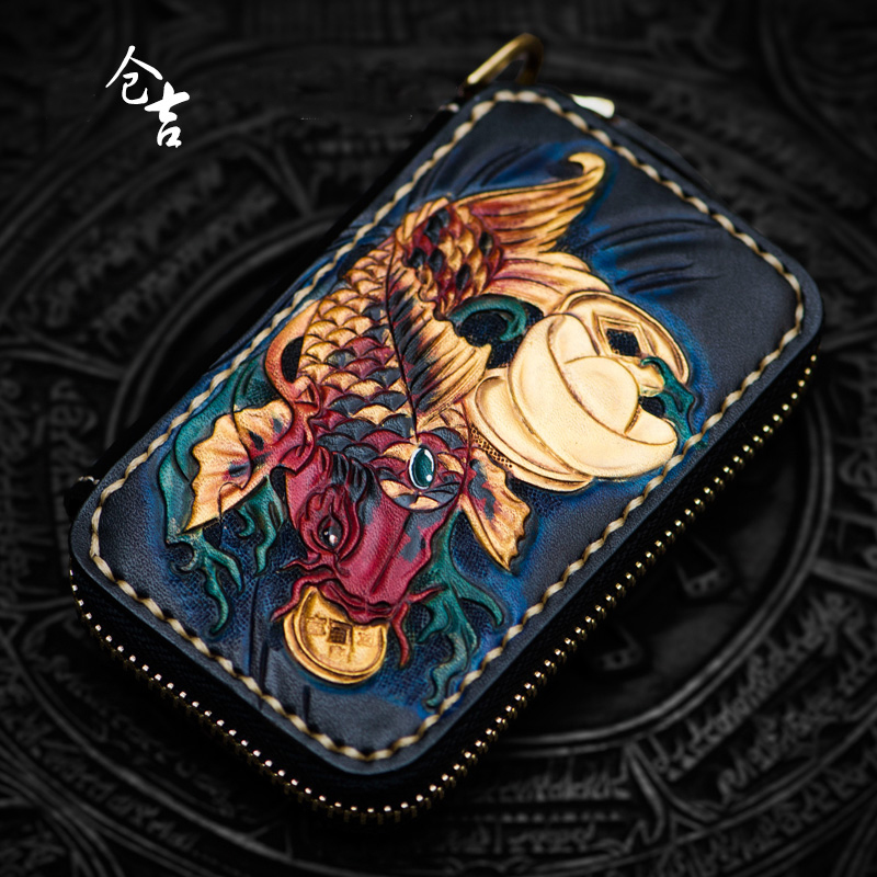 手工男士真皮拉链汽车钥匙包头层牛皮手工雕刻多功能卡钥匙包