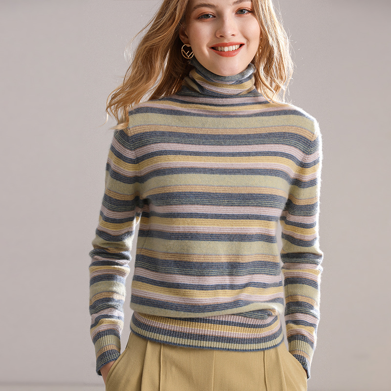 苏若兰100%纯羊绒衫女堆堆领条纹柔软贴身纯羊绒毛衣