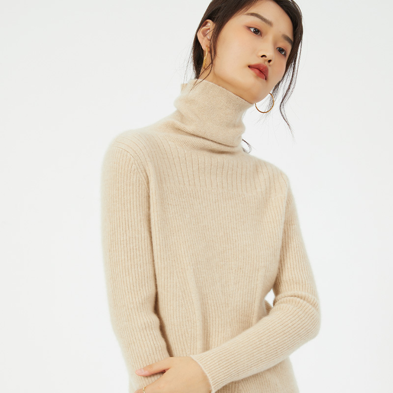 女款抽条高翻修身打底纯山羊绒衫