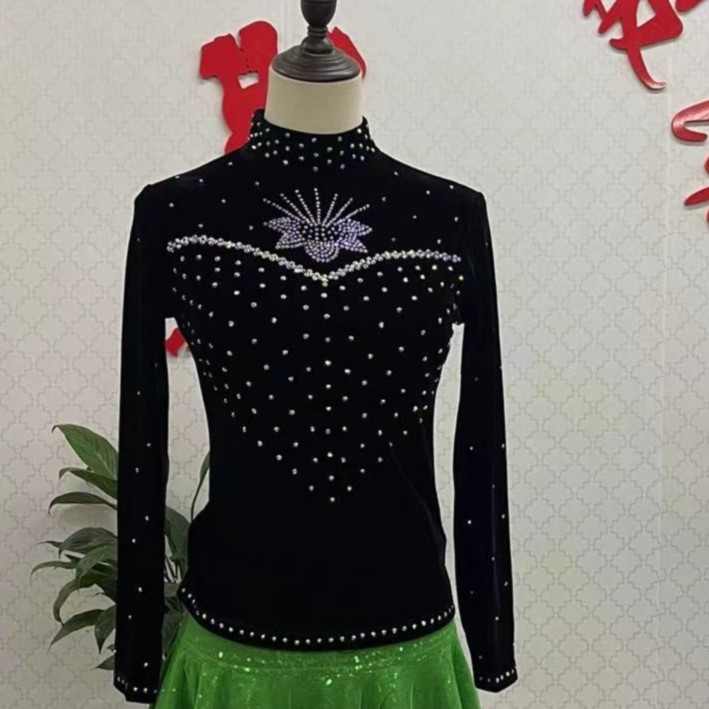 48#全丝绒WXF舞蹈服【网红上衣】女款黑色长袖重工带钻女士镶钻新款