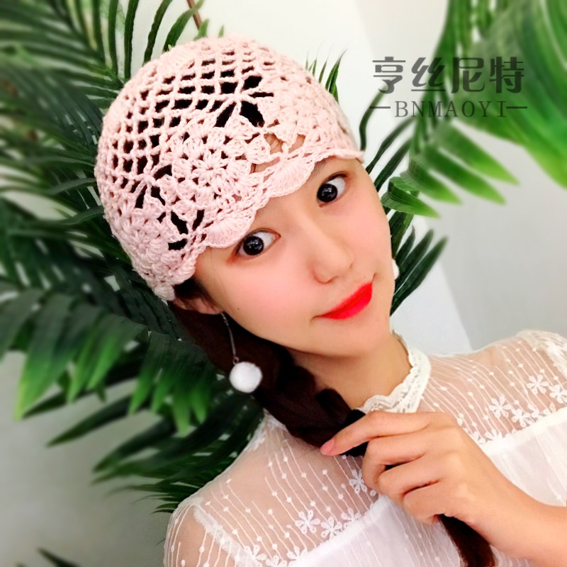 四季帽子透气女士手工编织花边镂空钩花帽