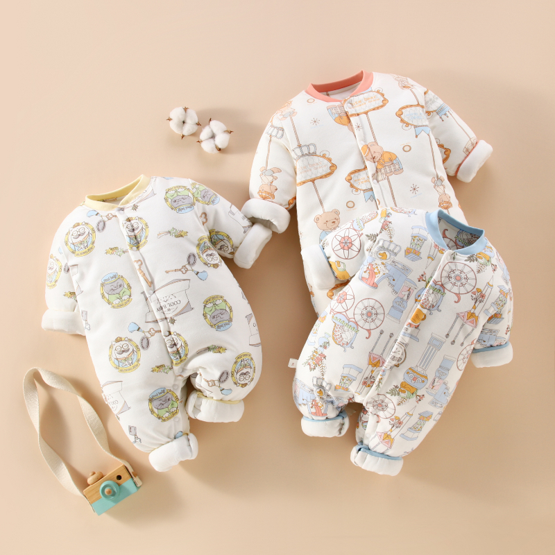 秋冬季加厚棉服婴儿春秋外出加绒保暖衣婴幼儿连体衣外出服冬款