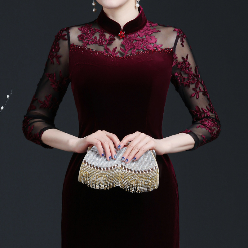 宸妙艳婚礼妈妈礼服年轻喜婆婆喜妈妈高贵优雅金丝绒改良旗袍裙