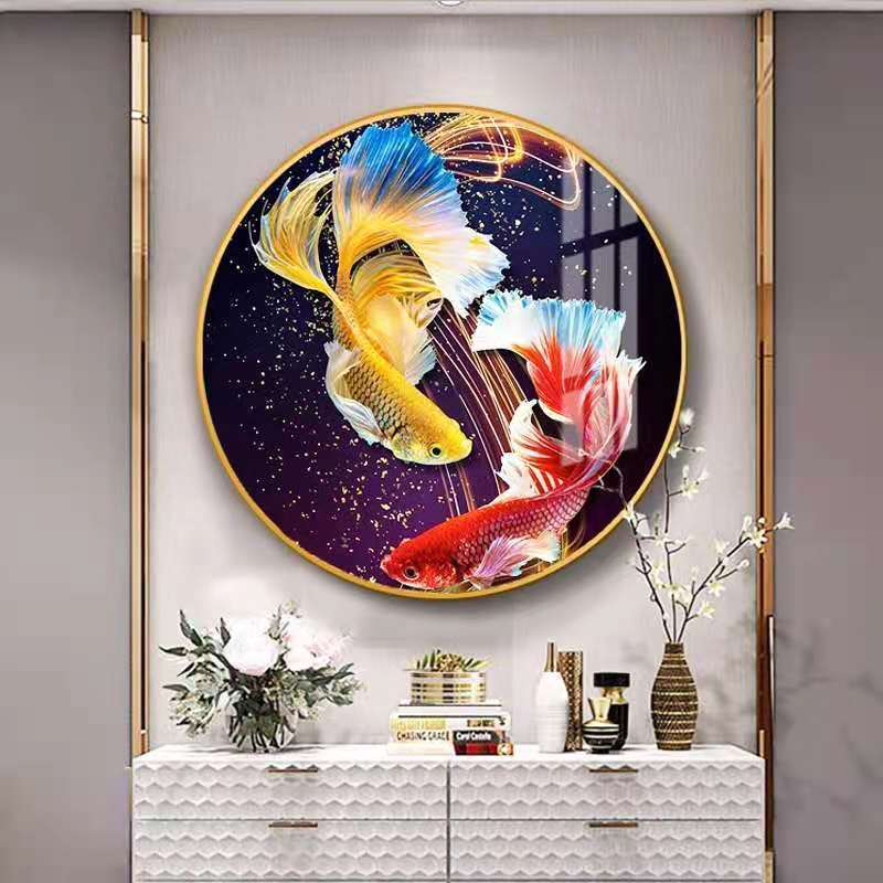 轻奢圆形九鱼玄关装饰画简约客厅晶瓷镶钻画圆形壁画单幅餐厅画