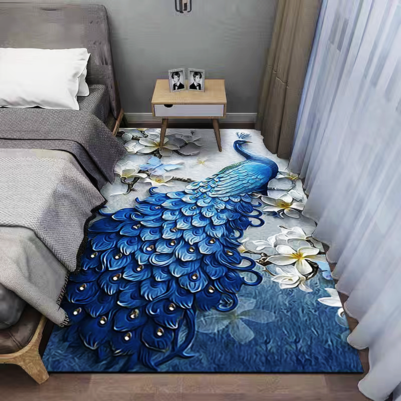 福居金钻绒大孔雀床边玄关地毯防滑吸水地垫可水洗剪裁卧室中国风