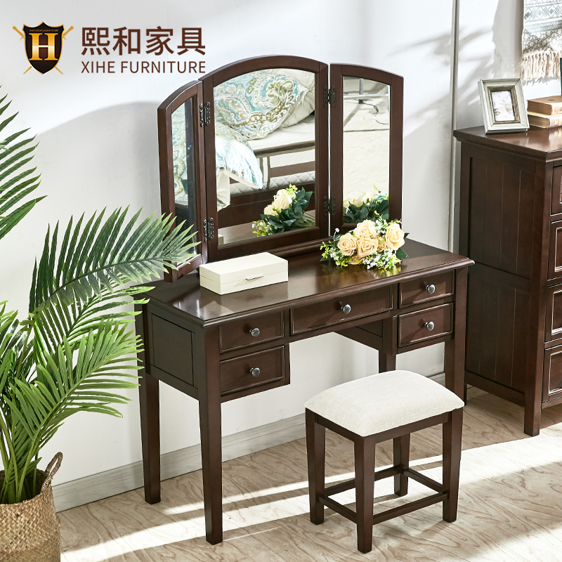 美式实木梳妆台简约化妆台化妆桌卧室家具水性漆N03