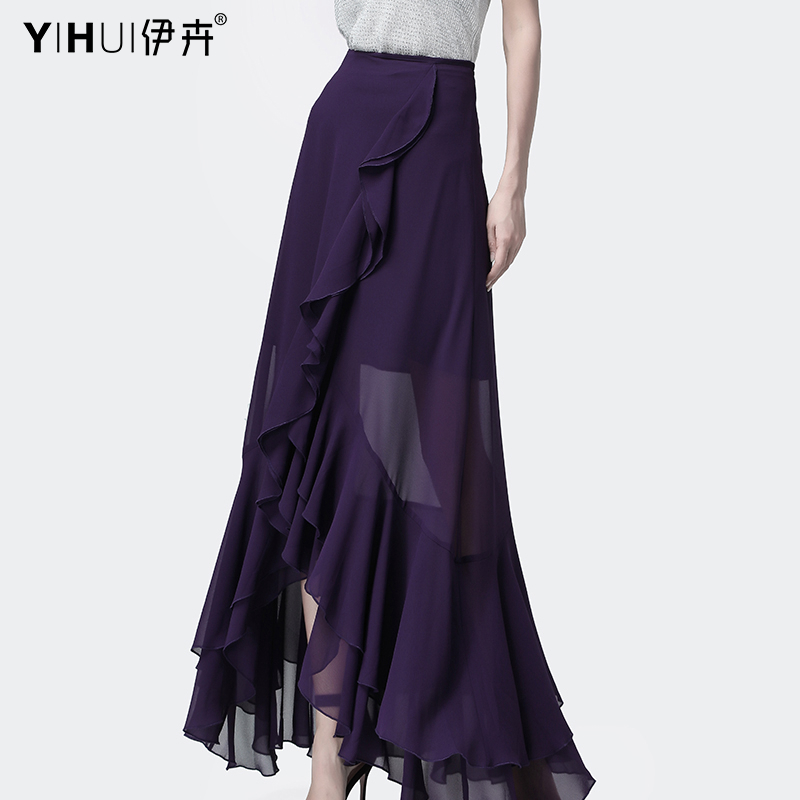 YIHUI伊卉夏雪纺半身裙女长款高腰显瘦不规则A字裙荷叶边BX6655