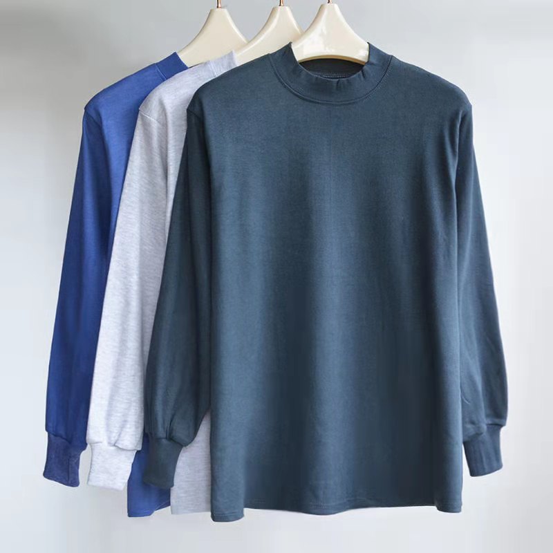 中老年人纯棉秋衣单件纯色棉毛衫上衣男士中高领保暖秋冬全棉内衣