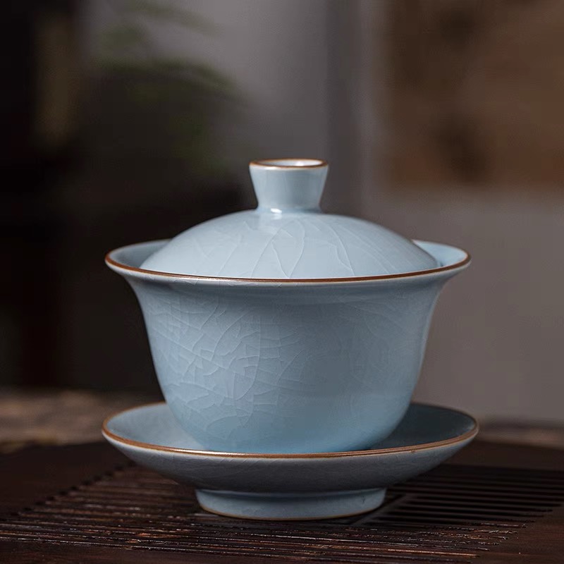 汝窑三才盖碗茶杯开片可养天青原矿玛瑙入釉陶瓷功夫茶具茶碗单个