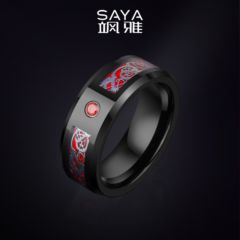 飒雅 钨金合成锆石戒指 男士时尚食指红色个性霸气龙纹潮男j202