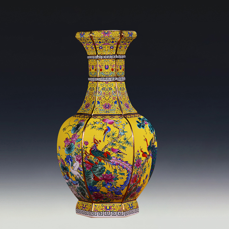 鸿轩景德镇陶瓷器花瓶摆件黄色六方瓶中式客厅酒柜装饰品摆设