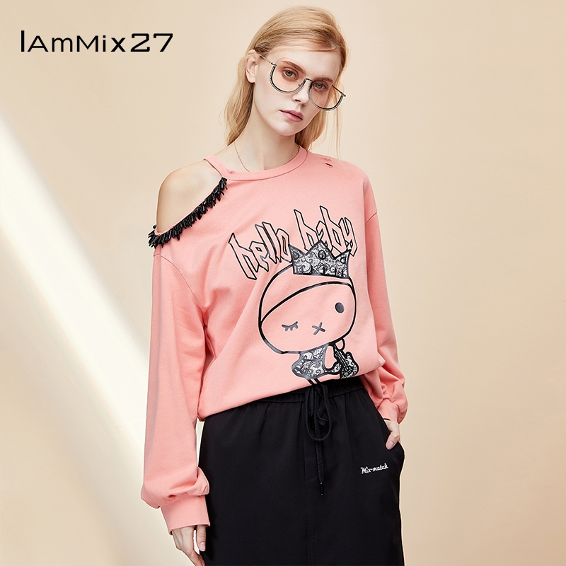IAmMix27春秋破洞不对称串珠露肩宽松印花圆领套头卫衣M9C8009
