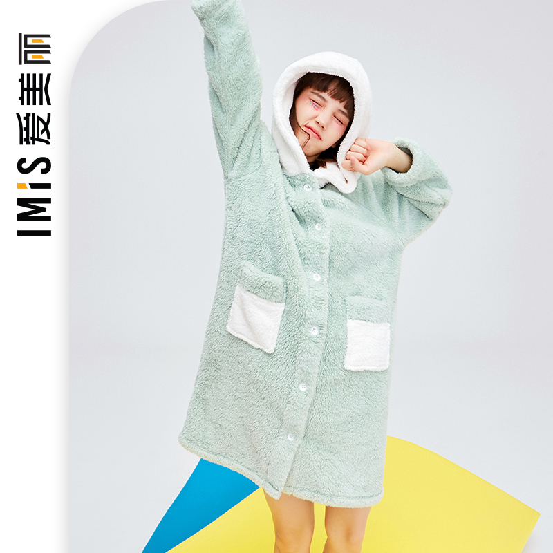爱慕爱美丽商场睡衣女秋冬加厚珊瑚绒连帽长款家居睡袍IM46BDP1