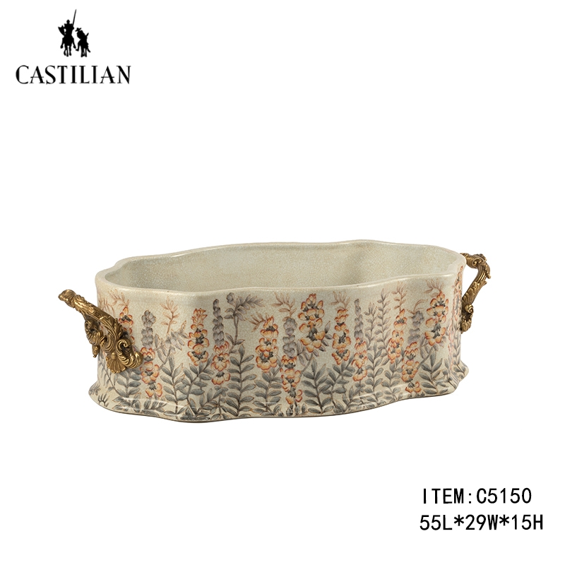 派力斯/春华秋实铜配瓷手绘欧美田园创意高端奢华家用果盘/  摆件