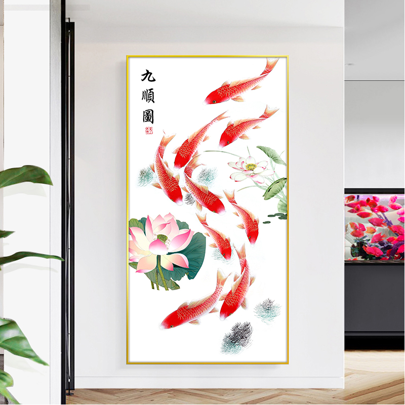 荷花九鱼图十字绣2025新款线绣客厅简约现代玄关竖版简单款自己绣
