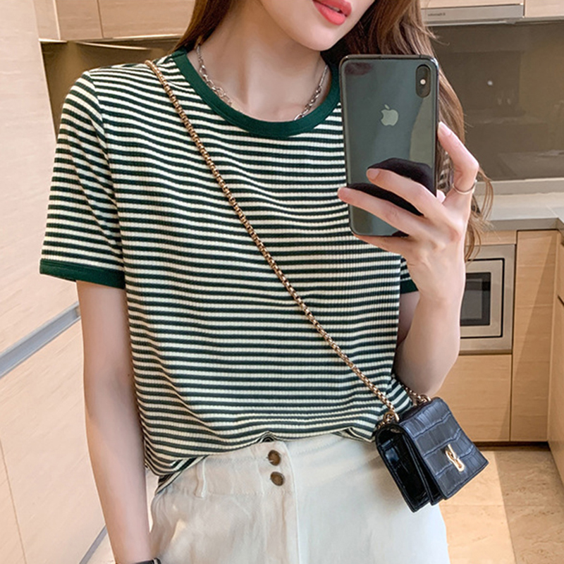 艺垛2024新款条纹圆领上衣百搭半袖体恤上衣显瘦短袖女装宽松t恤