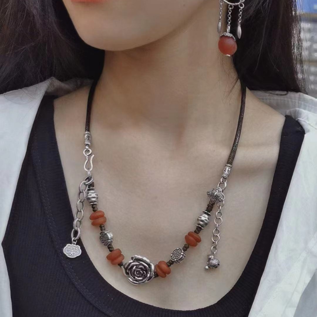 S925银手工银百搭时尚国风复古天然正宗蜜蜡玫瑰花项链女款礼物