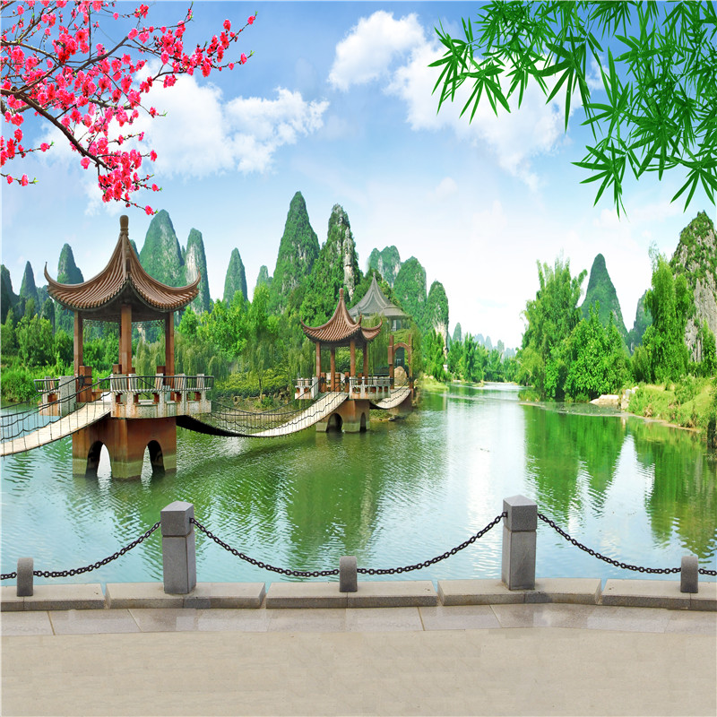 新款才艺主播3D直播背景布户外风景山水竹林荷花汉服古装背景墙布