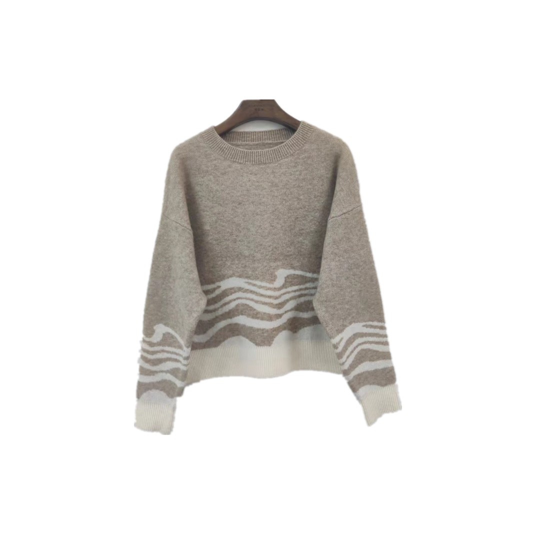 新款条纹时尚气质圆领虎纹设计感简约短款针织衫