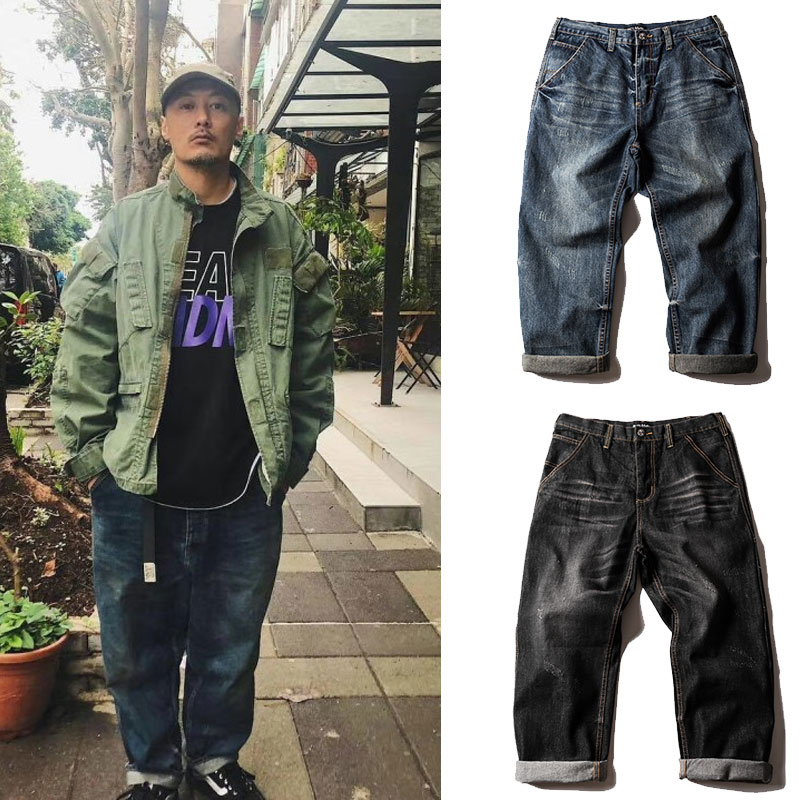 潮牌重磅水洗复古做旧阔腿潮流宽松直筒多口袋工装牛仔裤中腰休闲