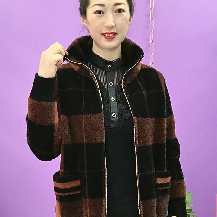 秋冬法兰绒两用领大格拉链时尚通勤外套