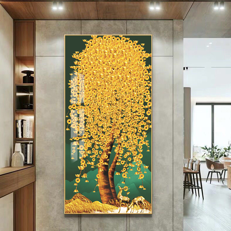 玄关金钱树立体抽象晶瓷镶钻入户装饰画过道挂画