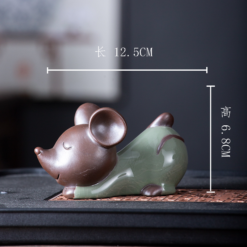 鼠生肖茶宠 老鼠手工雕塑陶瓷茶盘摆件粗陶茶玩茶具可养