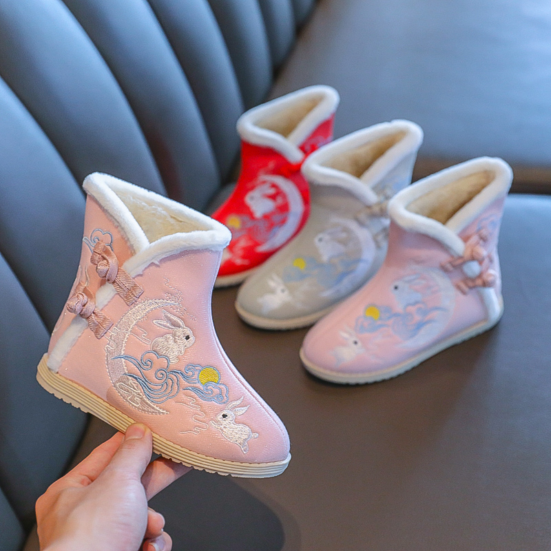 冬季加绒女童汉服鞋子加厚棉鞋古风鞋女童绣花鞋儿童拜年鞋古装鞋