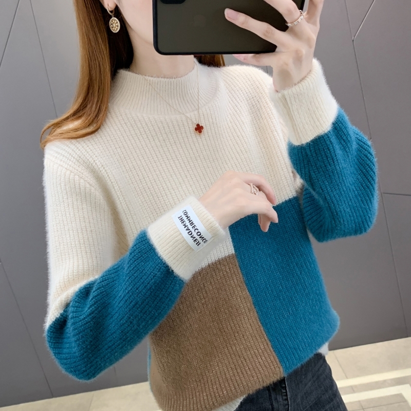 小安家针织推荐【重工精品】仿水晶貂方块拼色套头毛衣女