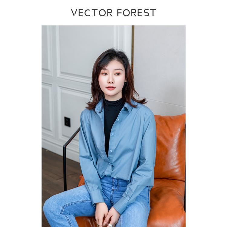 时尚洋气oversize长袖休闲衬衫外套女雾霾蓝纯色棉气质通勤跌穿